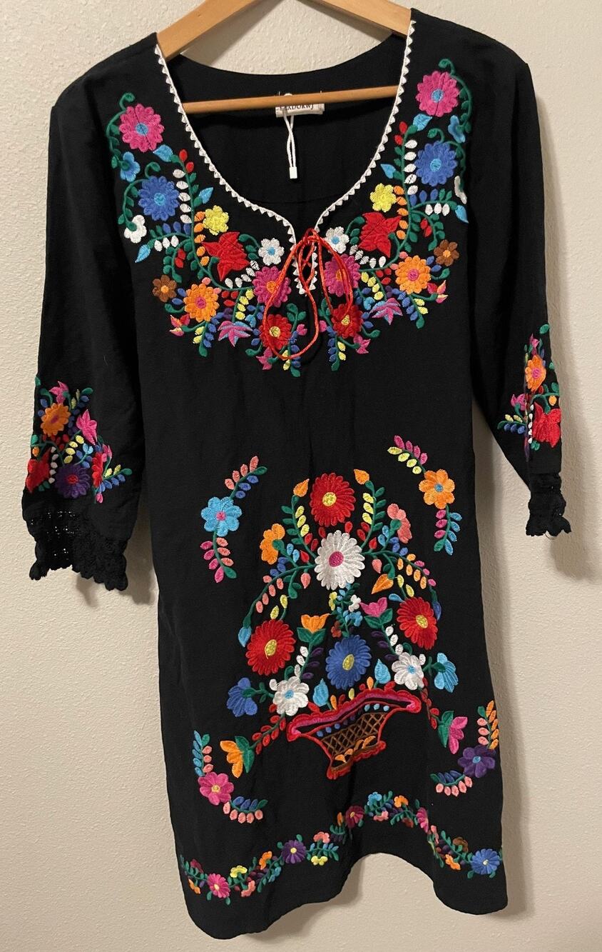 YZXDORWJ Dress Womens XXL Black Mexican Floral Embroidered Shift Boho Festival